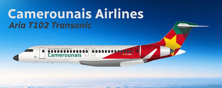 The current Camerounais Airlines fleet: 1) Airbus A321LR; 2) Boeing 737-700; 3) Boeing 757-200; 4) Bombardier Dash-8 Q200; 5) Bombardier Dash-8 Q400; 6) Aria T42 Transonic; 7) Aria T102 Transonic; and 8) Aria V42 VTOL QC Combi - all shown in side view.