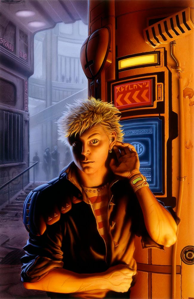 A man with spiky blonde hair tilts his head as he probes the skin just behind his ear. One side of his face falls in shadow. His irises are brilliant green with pupils split vertically like a cat's eyes. The sleeves of his black jacket are rolled up exposing scars on his arms. Veins bulge on his exposed skin. On his wrist, he wears a futuristic device with a green tinted display. Behind him, a digital display glows electric blue on black. The words are an alien script but the screen features the artist's MW sigil, easily recognizable though partially obscured. The lighting on Cat is intensely warm, tinting his skin orange, while the view out of the alley behind him is cool purple in contrast. A man with spiky blonde hair tilts his head as he probes the skin just behind his ear. One side of his face falls in shadow. His irises are brilliant green with pupils split vertically like a cat's eyes. The sleeves of his black jacket are rolled up exposing scars on his arms. Veins bulge on his exposed skin. On his wrist, he wears a futuristic device with a green tinted display. Behind him, a digital display glows electric blue on black. The words are an alien script but the screen features the artist's MW sigil, easily recognizable though partially obscured. The lighting on Cat is intensely warm, tinting his skin orange, while the view out of the alley behind him is cool purple in contrast.