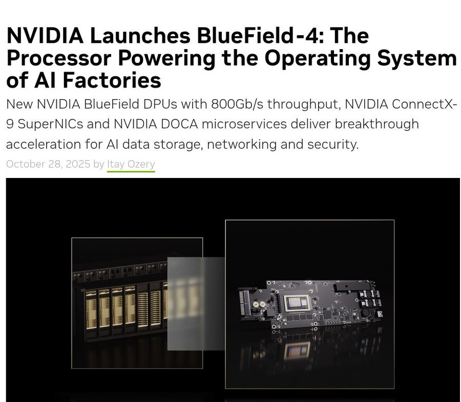 Screenshot of Nvidia blog article titled NVIDIA Launches BlueField-4: The Operating System of AI Factories, showing text about new BlueField DPUs with 800Gb/s throughput, ConnectX-9 SuperNICs, and DOCA microservices for AI data centers, networking, and security dated October 28 2025 by Hayder, with inset images of hardware components including circuit boards and processors.