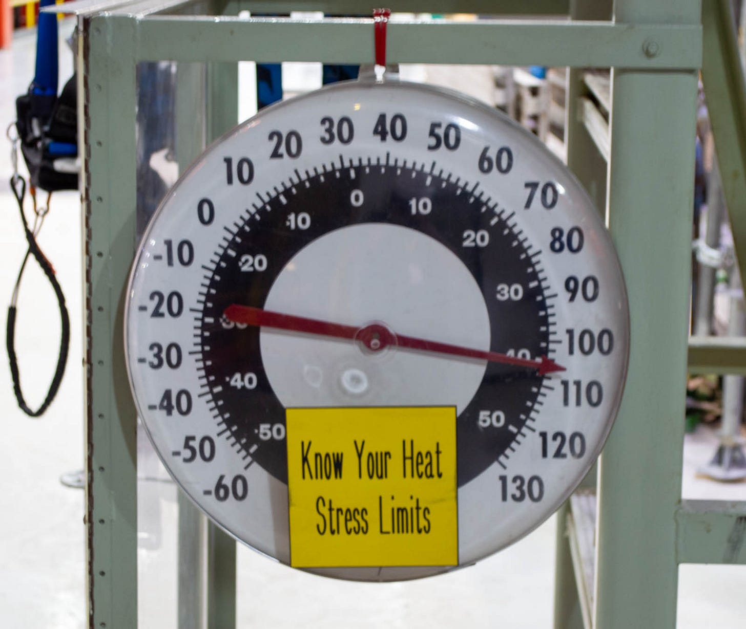 Analog thermometer inside Sequoyah’s turbine building showing 105 degrees Fahrenheit, with a sign below reading ‘Know Your Heat Stress Limits. Analog thermometer inside Sequoyah’s turbine building showing 105 degrees Fahrenheit, with a sign below reading ‘Know Your Heat Stress Limits.