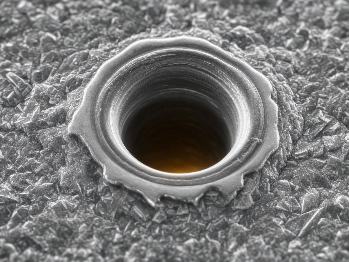 A round tunnel bored through a crystalline surface, its rim melted and raised A round tunnel bored through a crystalline surface, its rim melted and raised
