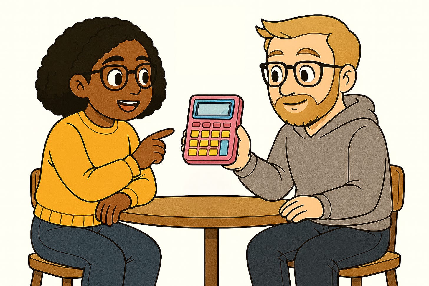 Cartoon of a woman in a yellow sweater pointing at a calculator while talking to a man in glasses and a hoodie, sitting together at a table.