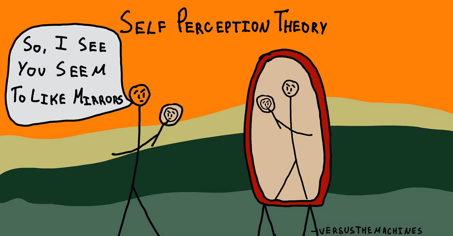 A hand-drawn illustration showing a person talking to another holding a mirror, representing self-perception theory. A hand-drawn illustration showing a person talking to another holding a mirror, representing self-perception theory.