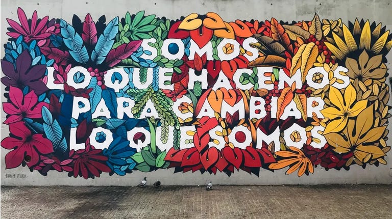 Murale del collettivo Boa Mistura: la scritta in bianco "Somos lo que hacemos para cambiar lo que somos" emerge da un quadro di fiori e foglie multicolori, che vanno dal viola al verde, al rosso al giallo.