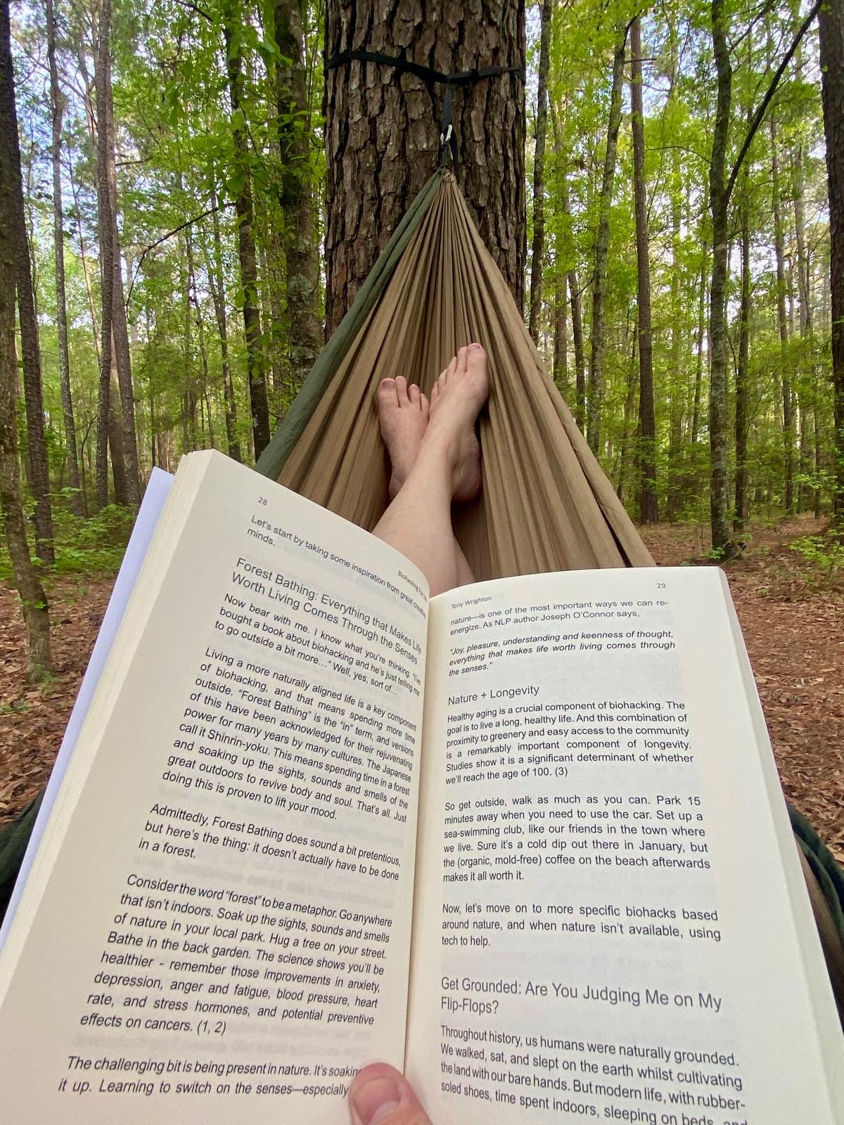 Claire lendo um livro sobre grounding, deitada numa rede no meio das árvores, sugerindo um momento de pausa e relaxamento.