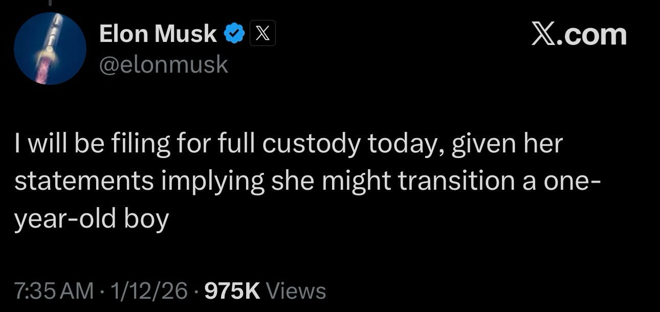 Elon Musk tweet: I will be filing for full custody today, given her statements implying she might transition a one-year-old boy. 