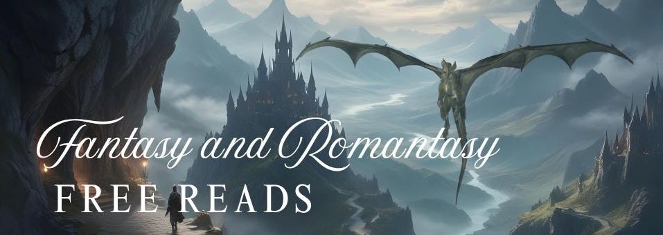Fantasy and romantasy free reads banner featuring a dragon flying over a misty mountain valley, a dark gothic castle, and an epic fantasy landscape.
