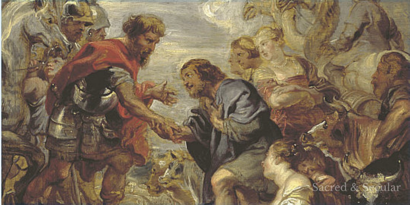 A dramatic biblical painting by Peter Paul Rubens showing Jacob and Esau meeting and embracing after a long separation. The two central figures are surrounded by family members, attendants and animals, creating a busy scene centred on reunion and reconciliation. A dramatic biblical painting by Peter Paul Rubens showing Jacob and Esau meeting and embracing after a long separation. The two central figures are surrounded by family members, attendants and animals, creating a busy scene centred on reunion and reconciliation.