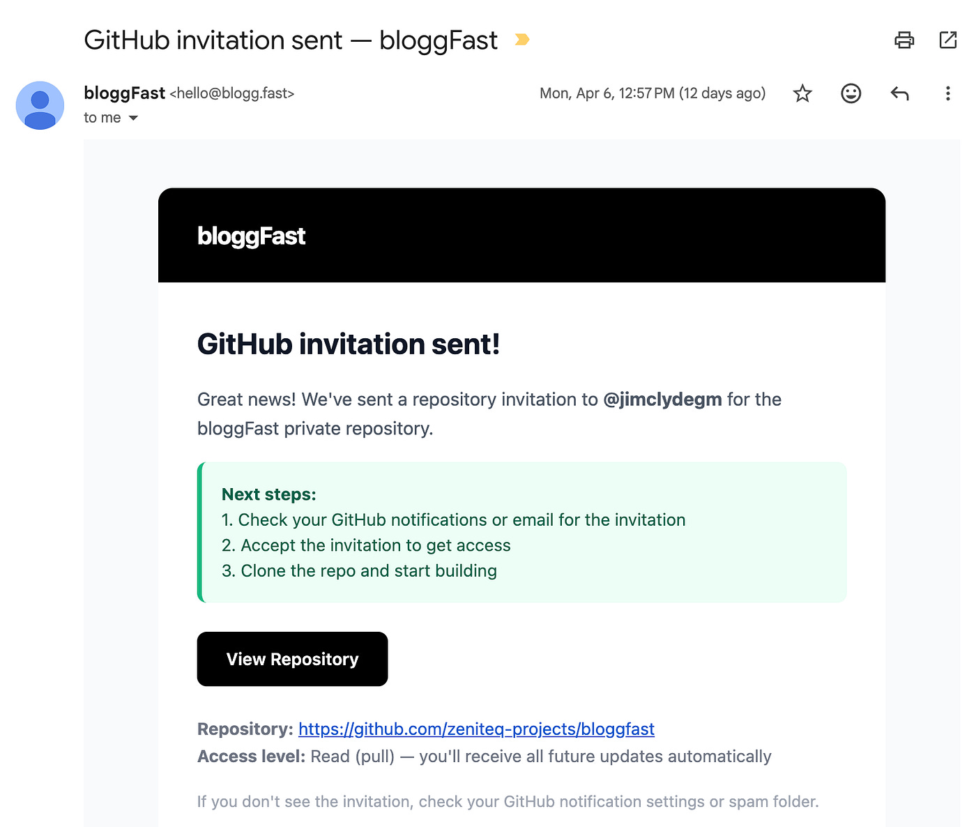 BloggFast sample email after purchase. Image by Jim Clyde Monge