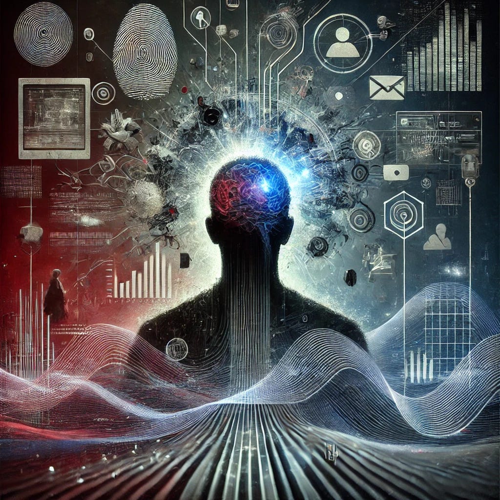 A symbolic and conceptual visual representation of a psychological operation (PSYOP). The image features a shadowy human figure surrounded by swirling digital waves, glitch effects, and fragmented media elements like floating screens, social media icons, and abstract silhouettes. The environment is dark and atmospheric, with an eerie glow highlighting the figure's head to symbolize mental influence and control. Subtle distorted lines and data streams flow through the background to evoke manipulation, confusion, and psychological tension. The colors are moody, with shades of deep blue, gray, and red accents.
