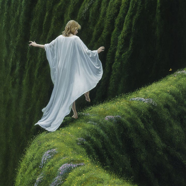 LEFT: Detail from EDGEDANCER featuring the woman in white linen shawl with the high grassy ridge winding in front of her until it fades in the hazy distance. RIGHT: Figure detail from EDGEDANCER of a woman with shoulder length blonde hair wearing a white linen shawl. Her arms are out for balance as she high steps along a high grassy ridge. With one foot in the air, she glances down at a tiny butterfly taking flight just ahead.
