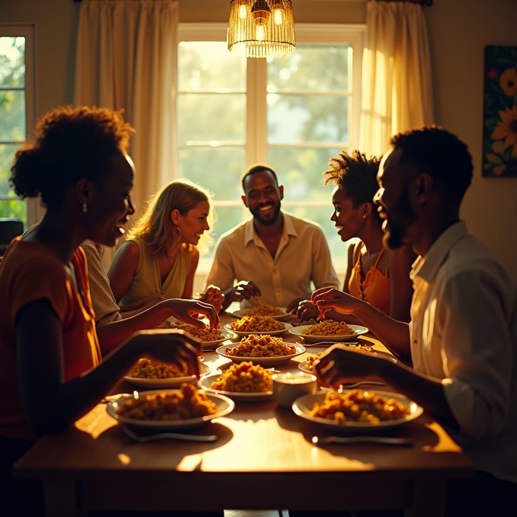 A warm and vibrant cinematic film still of a multicultural family, consisting of both white and black members, gathered around a table, enthusiastically savoring a traditional Jamaican ackee and saltfish meal together. The scene is set in a cozy, sun-drenched dining room, with soft, golden light spilling in through the windows, casting a gentle glow on the gathering. The atmosphere is lively and filled with laughter, as the family shares stories and conversation over the delicious meal