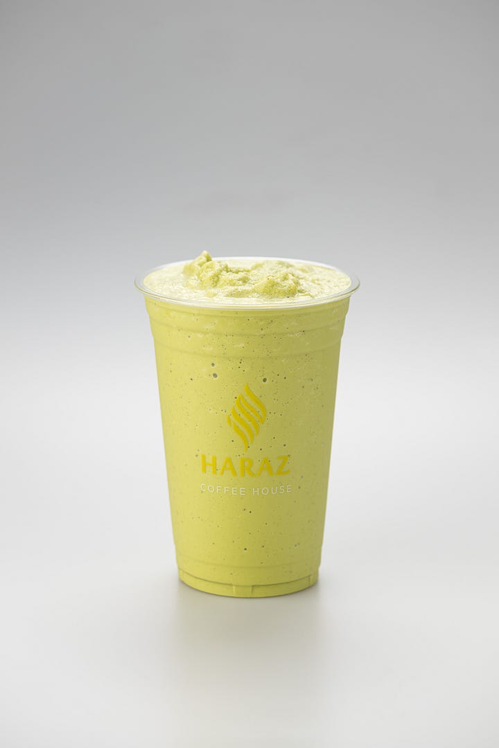 a collection of drinks and honeycomb bread from Haraz Coffee House