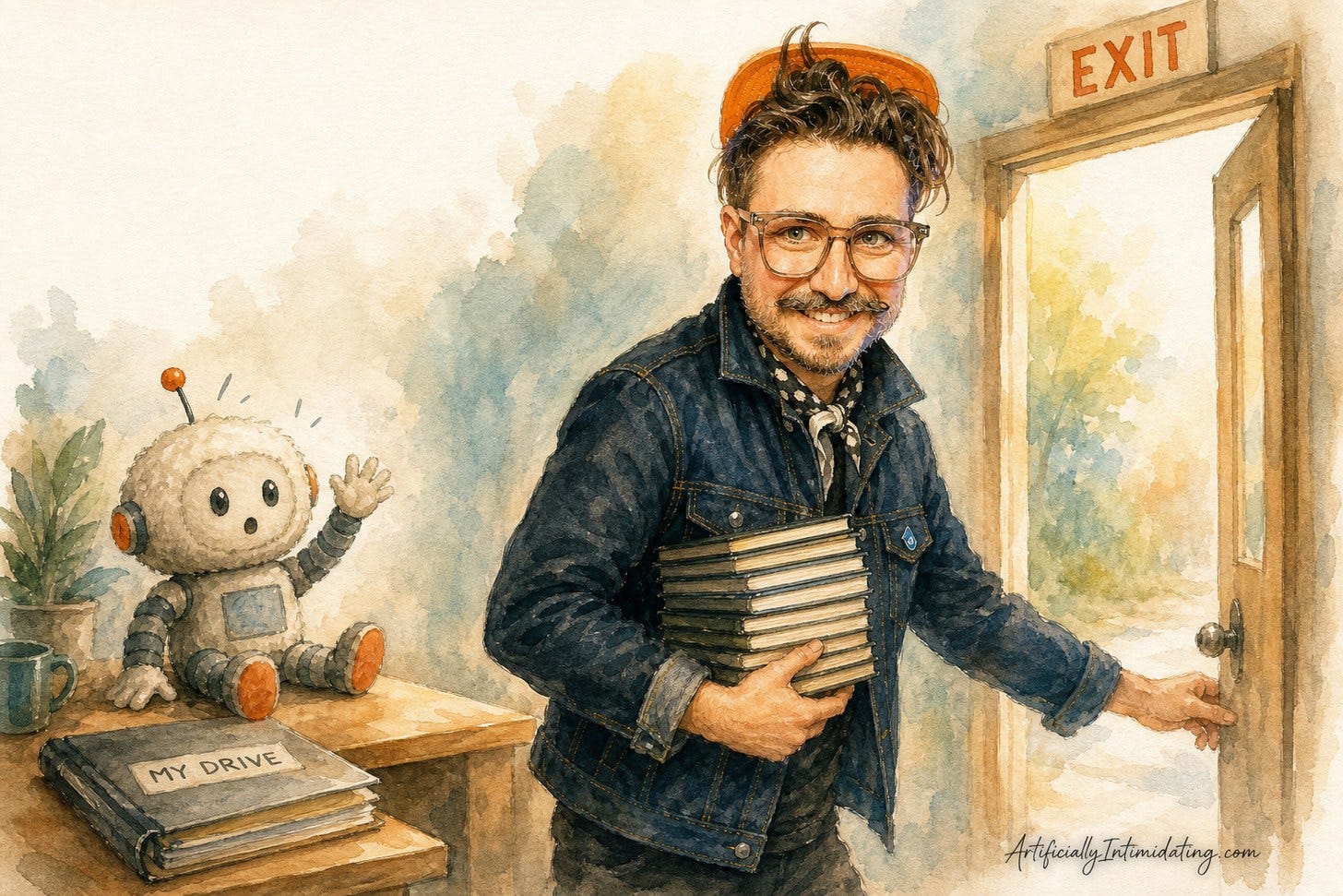 Watercolor of a smiling man with glasses and a mustache walking toward an open door marked EXIT, carrying a stack of notebooks. A plush robot on a desk waves goodbye beside a folder labeled MY DRIVE.