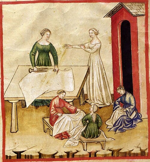 Book illustration of several women working with linen fabric Book illustration of several women working with linen fabric