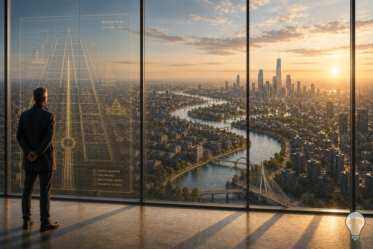 A solitary leader stands before a floor-to-ceiling window at sunrise, looking through a translucent architectural master plan projected onto the glass. The elegant blueprint shows a perfectly ordered city with a grand central boulevard, but beyond it the real city has evolved differently, shaped by a winding river, bridges and organic growth. Warm morning light fills the room as the observer looks past the model toward reality. The image symbolises constructive detachment, strategic leadership, systems thinking and the principle that purpose deserves commitment while methods deserve evidence.