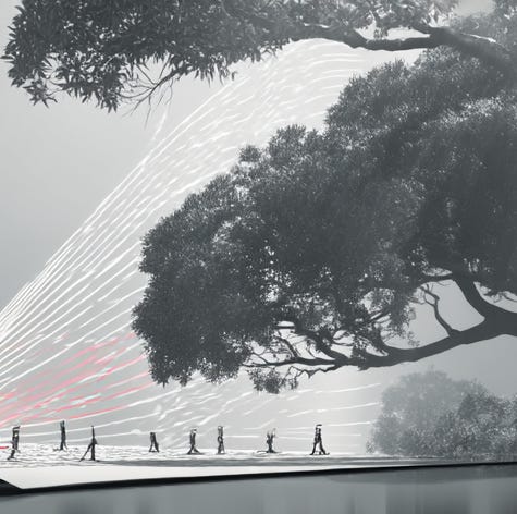 Abstract illustration of executives walking beneath towering trees with flowing red and white AI data streams above, representing strategic navigation, clarity, and decision-making in the era of artificial intelligence. This image accompanies Exec X AI’s rebranding announcement—introducing a new name, visual identity, and editorial direction focused on helping general counsel, CFOs, and business leaders make sense of AI’s accelerating impact on legal, financial, and operational strategy. The image reflects Exec X AI’s mission to cut through hype, reduce complexity, and provide executive insights on applied AI, ethics, design thinking, and regulatory transformation. The flowing data patterns evoke transformation and signal-led thinking, while the human figures walking in parallel suggest leadership, momentum, and collaboration at board level in response to technological change.