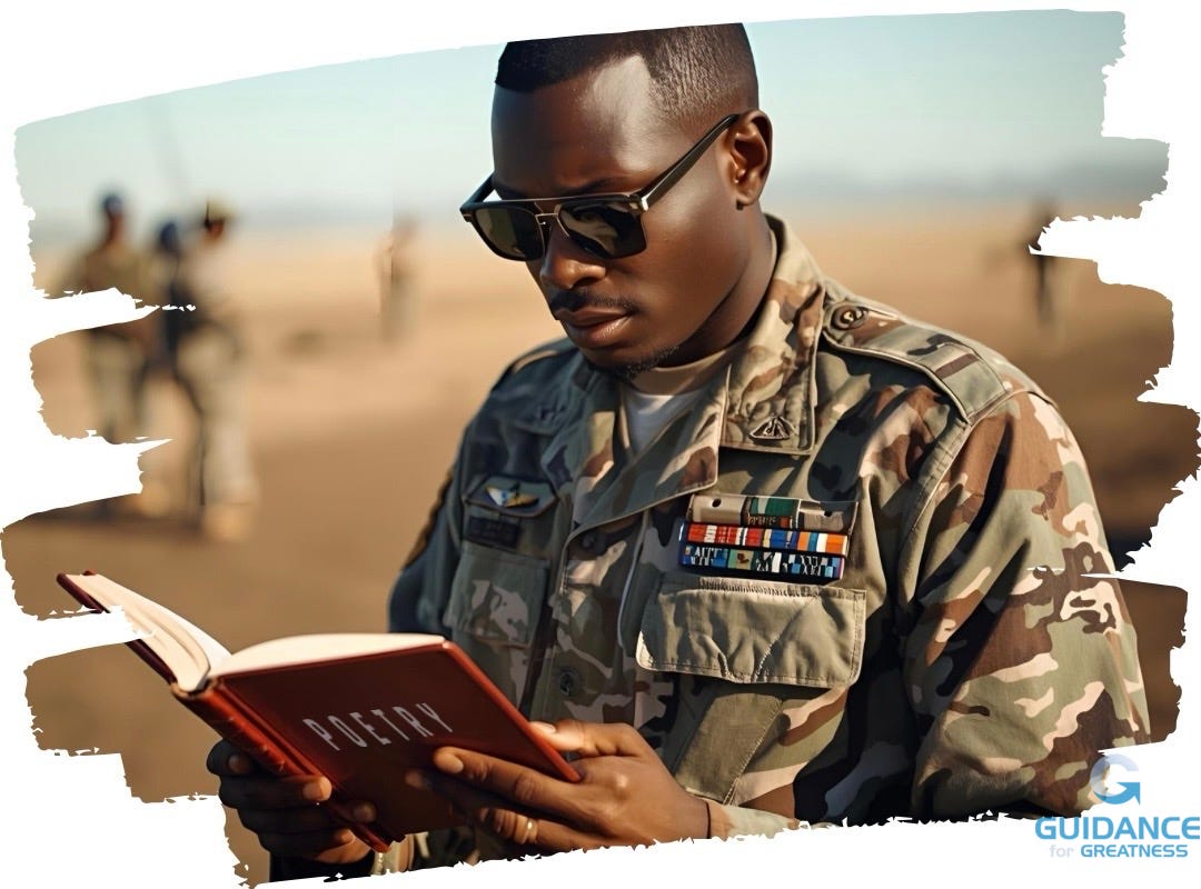 A Black soldier in desert camouflage uniform stands outdoors reading a red hardcover book with the tittle Poetry. He wears dark sunglasses and has military ribbons on his chest. The background shows a blurred desert landscape with sandy terrain. The soldier appears focused and contemplative as he reads, holding the book open in both hands. The lighting suggests daytime with natural sunlight illuminating the scene.​​​​​​​​​​​​​​​​ There are three soldiers blurred in the near terrain. The image is framed as if painted by a brush in strokes.