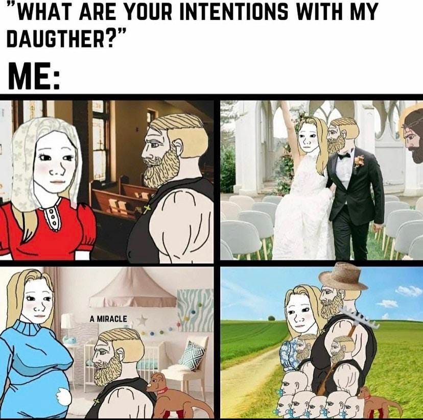 I need help. I can't find the meme but I know it by heart. The one wojak  trad wife asking “Are we watching the election tonight?” And the chad  responds with “What