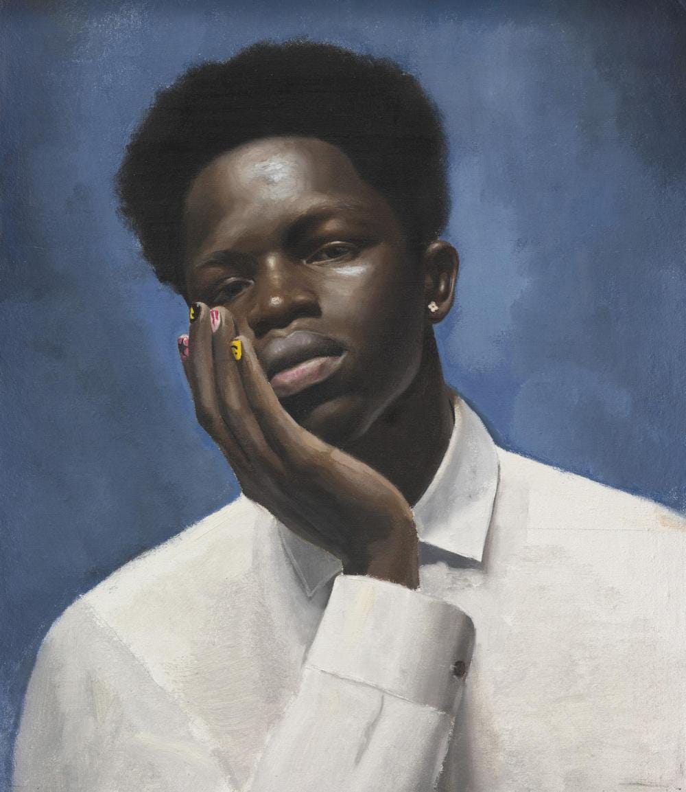 Painted portrait of a young black man from the chest up. His chin rests on one hand and he looks directly at the viewer. He has a small afro hair style, painted nails and a clove earring. He wears a white shirt. The background is blue.