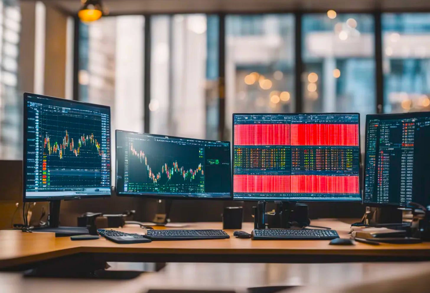 An AI generated image of charts and data on computer screens.