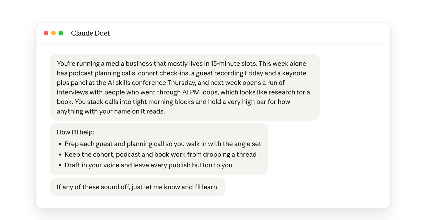 Duet’s first message: a profile of my week Duet’s first message: a profile of my week