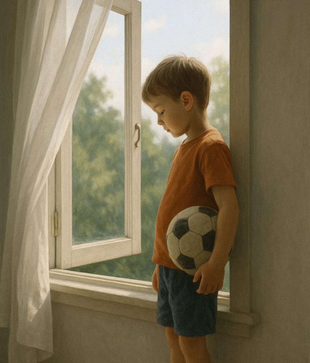 A child with a ball by an open window — learning the quiet courage of gentleness.