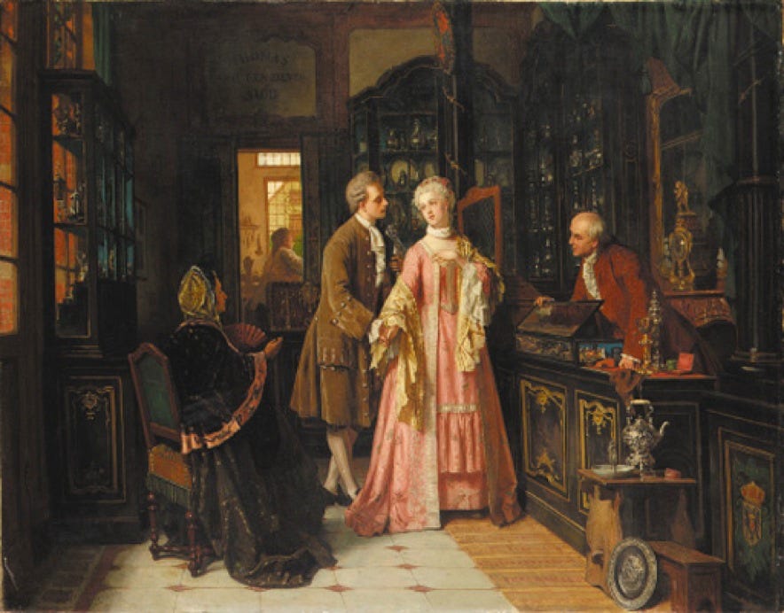 A couple in a shop negotiating a price A couple in a shop negotiating a price