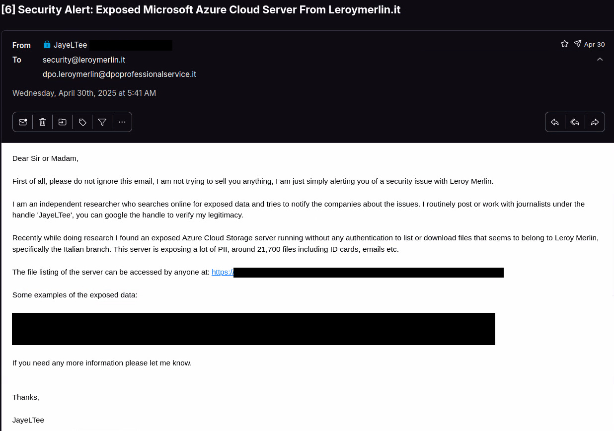 Initial email sent to Leroymerlin.it with a brief explanation of who I am and what I do and the information about their exposed server.