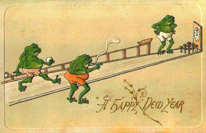 Vintage new year card of frogs playing skittles with mushrooms reading 'A Happy New Year'