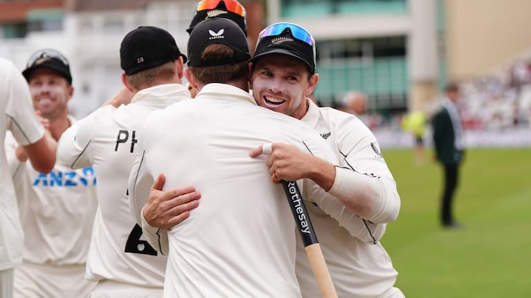 New Zealand captain Tom Latham (right) and team-mates celebrate the final wicket of the game to win the series on day five of the Third Cricket Test at Trent Bridge Cricket Ground. New Zealand captain Tom Latham (right) and team-mates celebrate the final wicket of the game to win the series on day five of the Third Cricket Test at Trent Bridge Cricket Ground.
