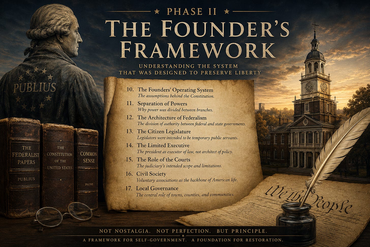 A dramatic vintage-style illustration for “Phase II: The Founder’s Framework” featuring a bronze-toned figure labeled “Publius” overlooking a parchment listing the upcoming Restoration Papers topics. Surrounding the scroll are classic American founding symbols including the Constitution, Federalist Papers, a quill and ink, and an eighteenth-century civic building beneath a glowing sunset sky. The image uses warm sepia tones and deep blues to evoke constitutional principles, self-government, and the philosophical foundations of the American republic.
