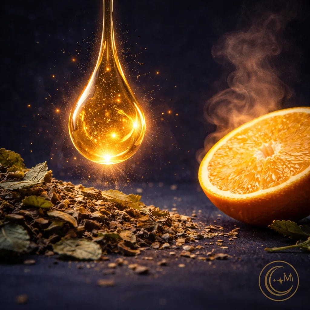 MoonInMental aromatherapy image for January 19-25 2026. Amber resin drops and melissa leaves with orange mist representing nervous system support during Pluto conjunction week.