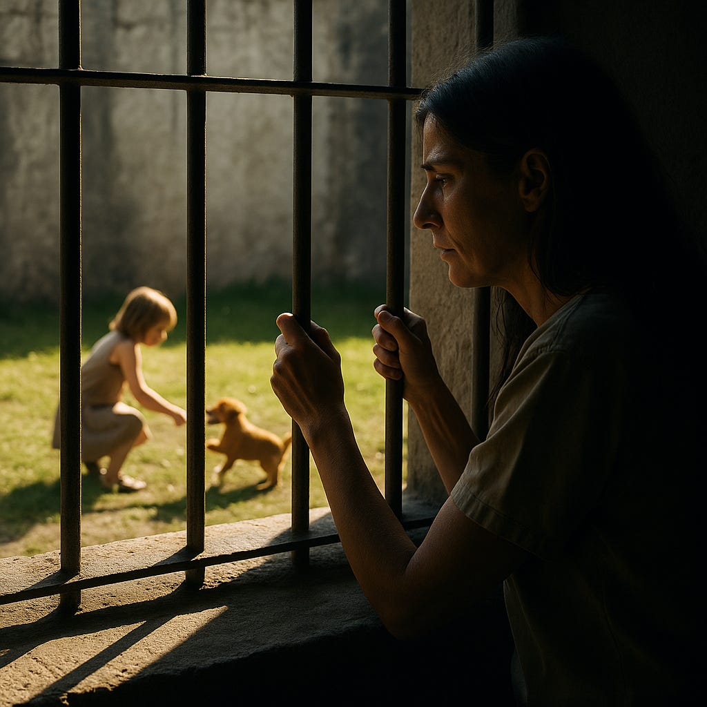  woman sits alone in a bleak prison cell, hands gripping the bars as she stares out toward a child playing with a small puppy in bright sunlight outside the window. Her expression carries a heavy, stunned remorse — the brutal moment of understanding that freedom and innocence now exist beyond her reach.