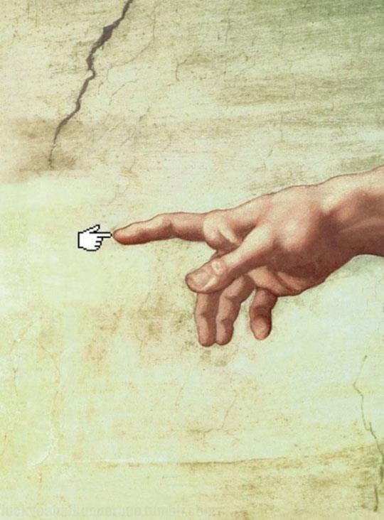 This may contain: a painting of a hand pointing at something in the air with a finger on it