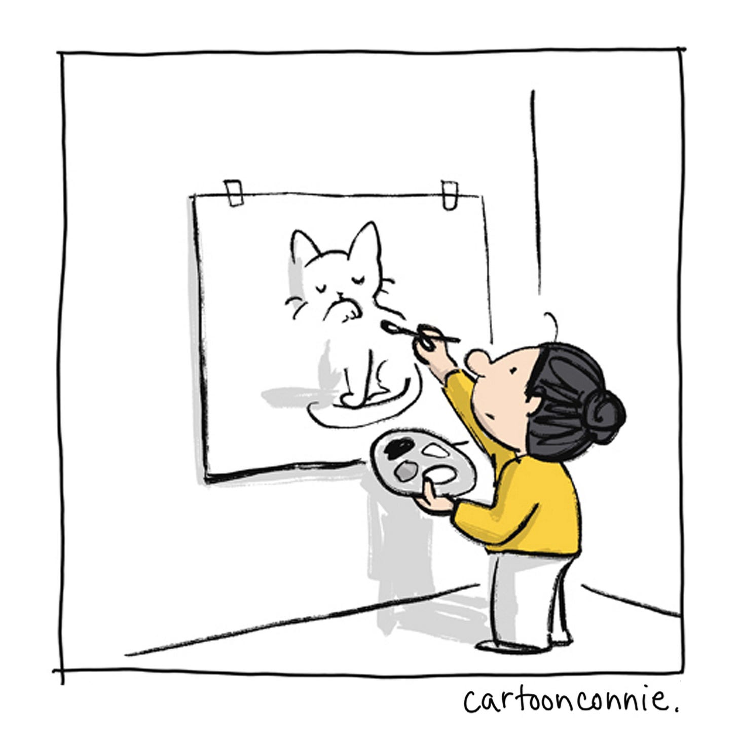 Panel 11 of 12 of a 2-page wordless illustrated comic, titled "Art Can Be A Good Companion," 2026, original artwork by Connie Sun, cartoonconnie. Panel 11 of 12 of a 2-page wordless illustrated comic, titled "Art Can Be A Good Companion," 2026, original artwork by Connie Sun, cartoonconnie.
