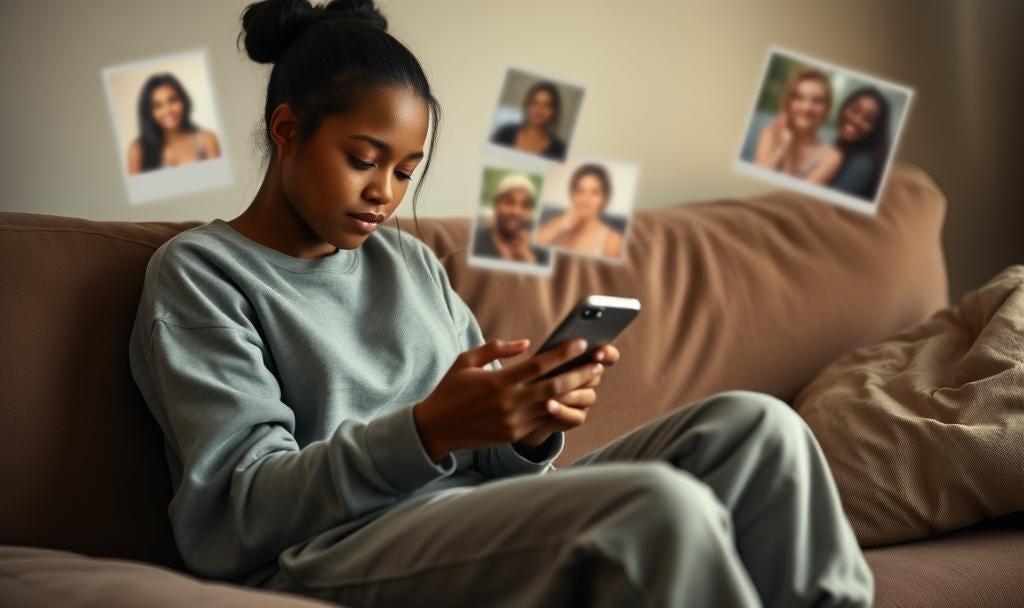 A young woman sits on a couch scrolling her phone, surrounded by floating images of friends and past connections, symbolizing how digital memories linger.