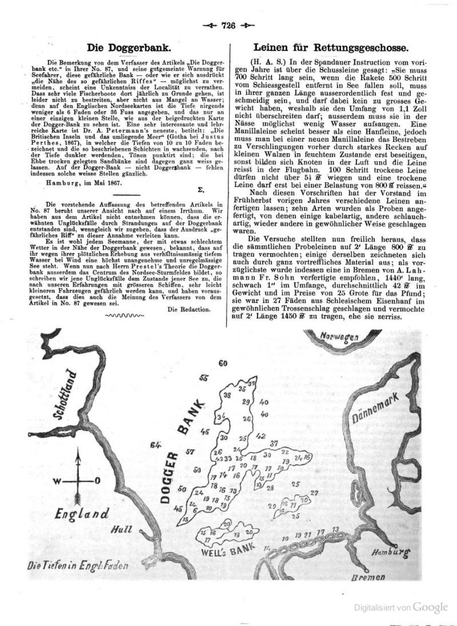 Historical bathymetric chart of Dogger Bank, 1867; not a prehistoric shoreline reconstruction. Historical bathymetric chart of Dogger Bank, 1867; not a prehistoric shoreline reconstruction.