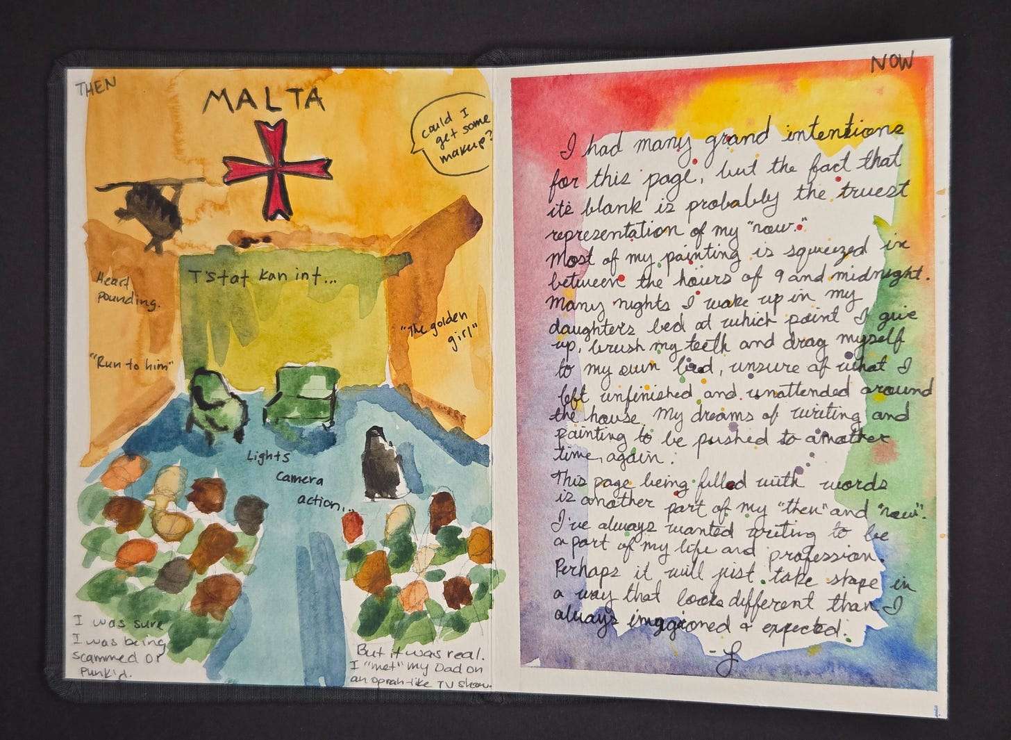Watercolor sketchbook spread titled “Malta,” with a stage-like scene and audience on the left page and handwritten reflections on painting, creativity, and unfinished work on the right page.