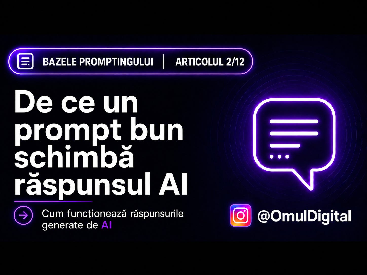 Cover pentru seria „Bazele promptingului” de la Omul Digital, cu titlul articolului, icon de chat și design mov dedicat materialelor despre prompt engineering.