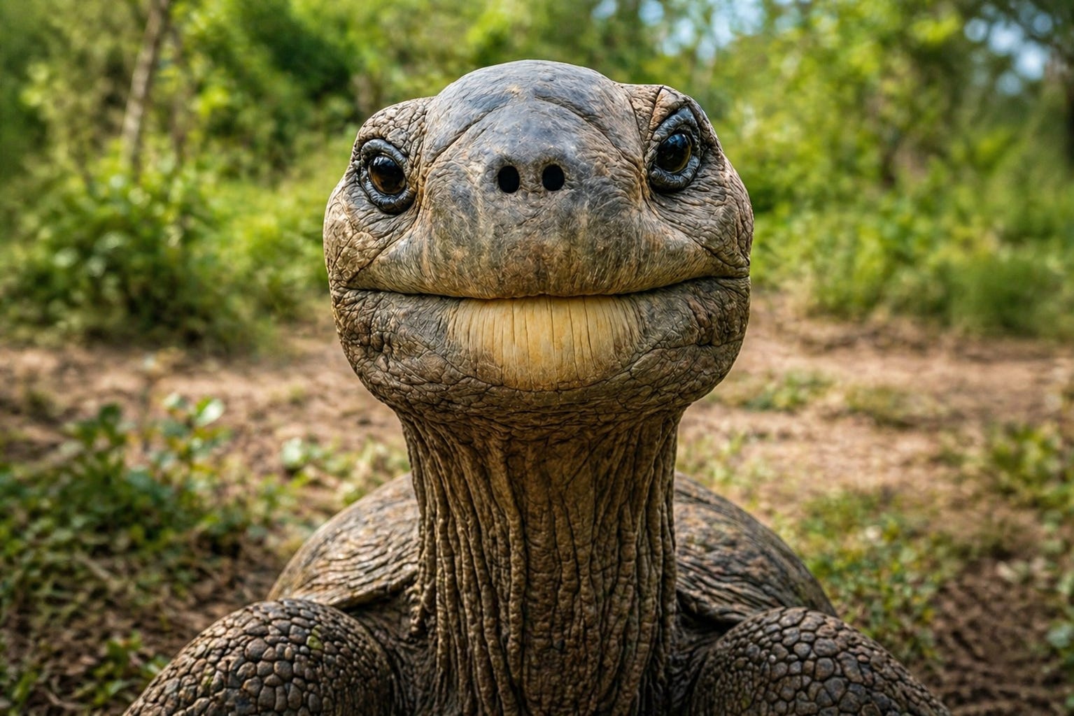 A quiet face that has watched nearly two centuries unfold. This close-up captures a giant tortoise in remarkable detail, its textured skin etched with time and survival, its calm, steady gaze almost human in its depth. There is no rush in this expression, no urgency in its posture—just a quiet, enduring presence shaped by decades of sun, seasons, and change. The soft, natural background fades gently behind it, drawing full attention to a creature that seems both ancient and peacefully grounded in the present moment. It feels less like a photograph and more like a meeting—with something that has outlived empires, outlasted inventions, and simply kept going.