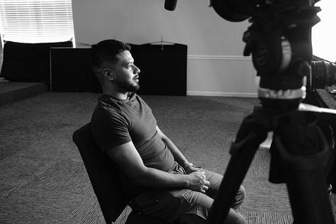 9 photos from the interview day with David. Photos feature Claire, Murray, Garrett, Jody, & David on set in the church sanctuary.