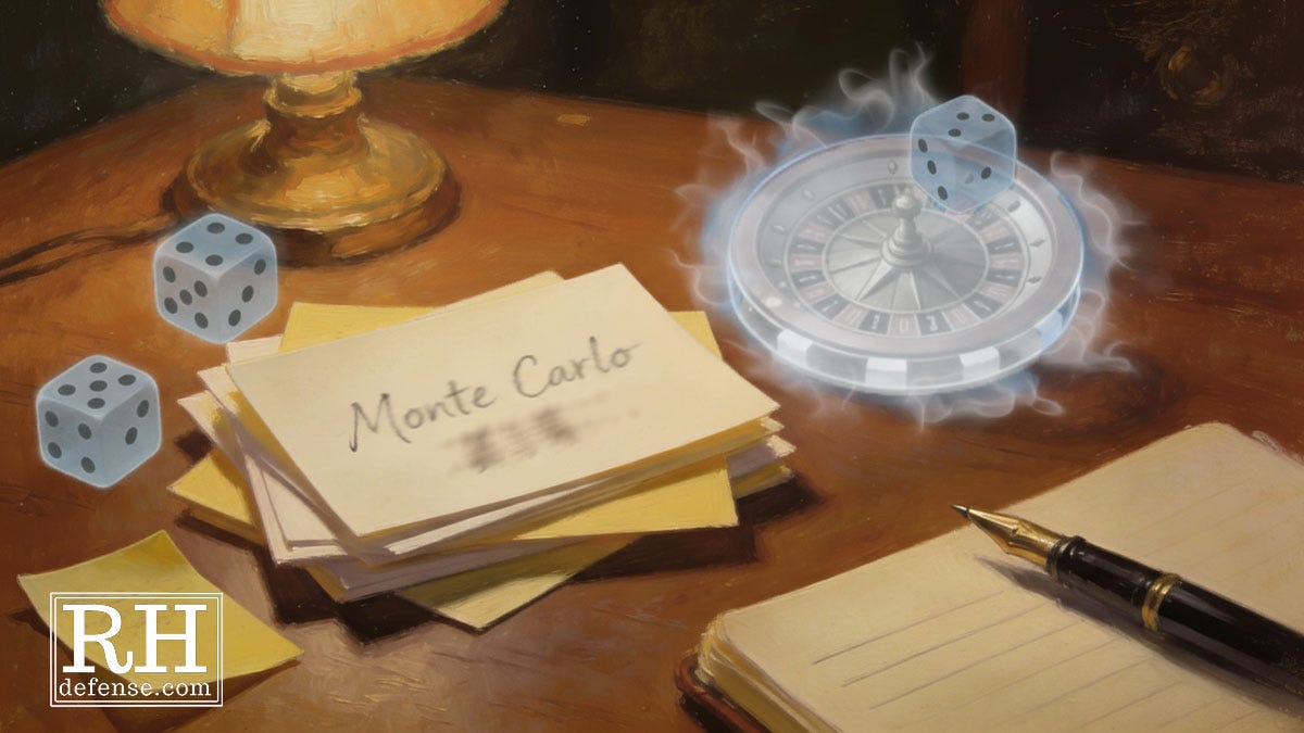 A handwritten card labeled “Monte Carlo” on a desk, surrounded by ghostly dice and a translucent roulette wheel, suggesting repeated simulation and abstraction rather than concrete explanation.