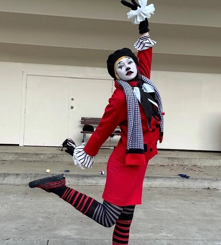 Two photos of the same mime, one in a suit and one in a field of bright flowers