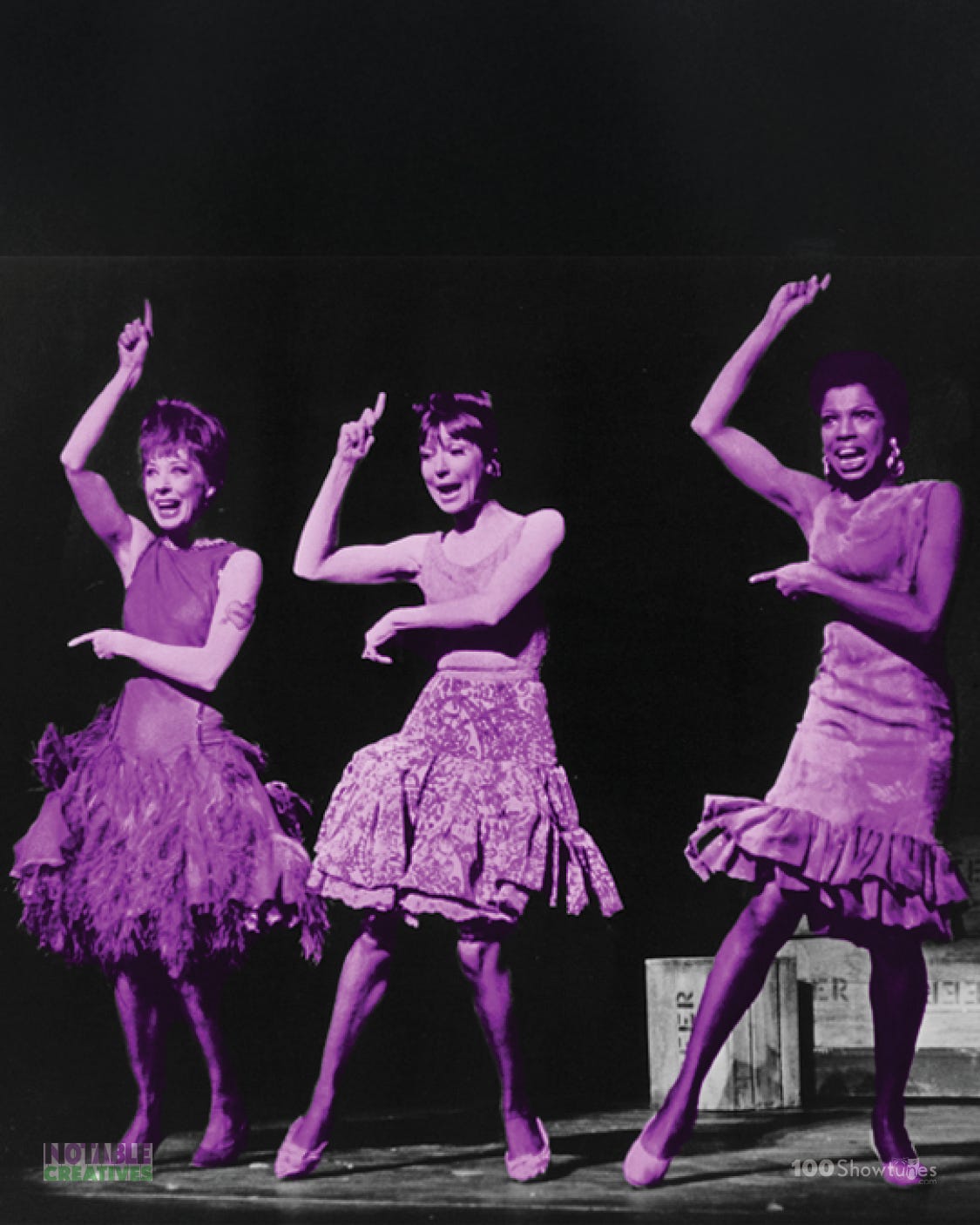 A tinted photo of Gwen Verdon, Helen Gallagher, and Thelma Oliver in the original Broadway production of Sweet Charity by Cy Coleman, Dorothy Fields, and Neil Simon.