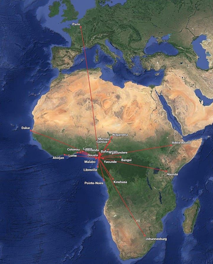 Camerounais Airlines route maps depicting routes from (L) Douala-DLA and (R) Yaoundé-NSI.
