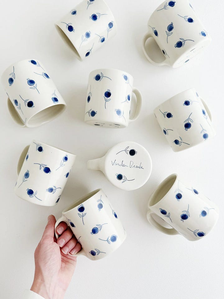 The left photo is a mug made by Bea Bellingham that says Fart Face. The right photo is a wood pigeon drawn by Natelle Quek.