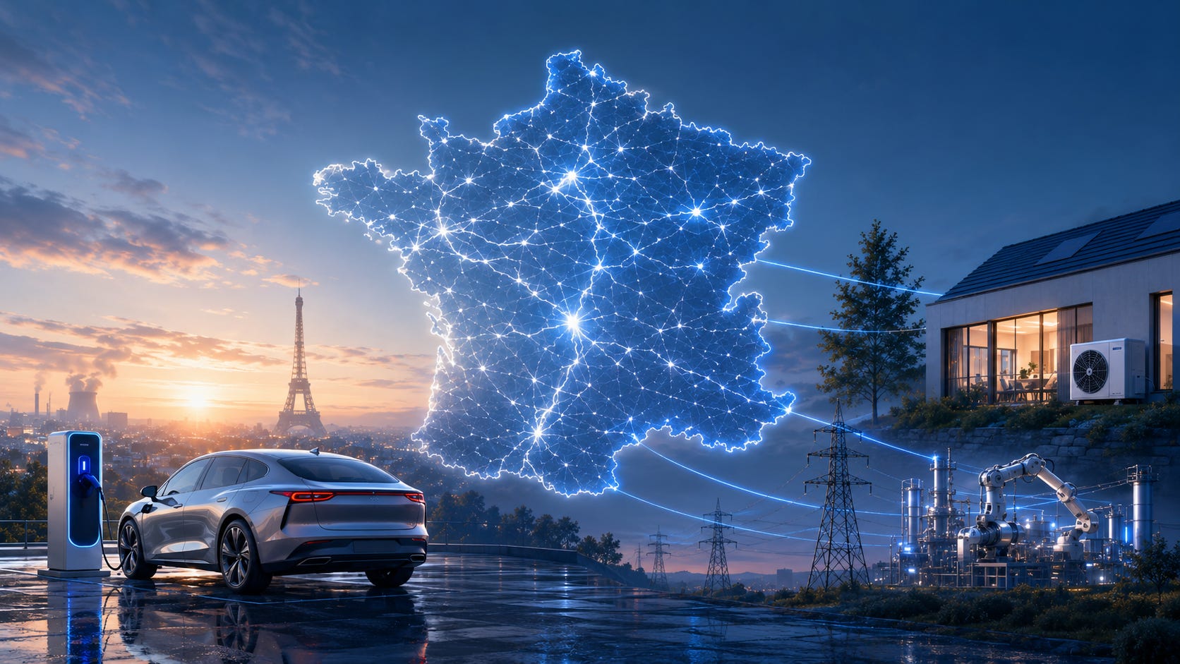 France electricity platform feeding vehicles, heat pumps, industry, and flexible demand while fossil imports shrink.