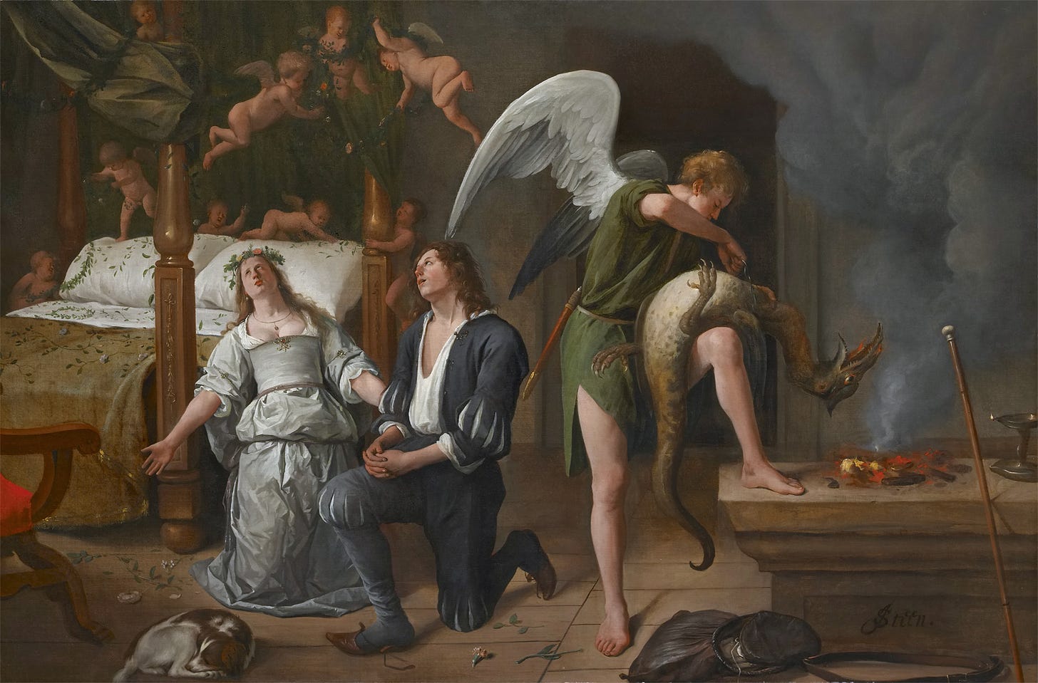The wedding of Tobias and Sarah: Raphael binds the demon. Jan Steen,  1660