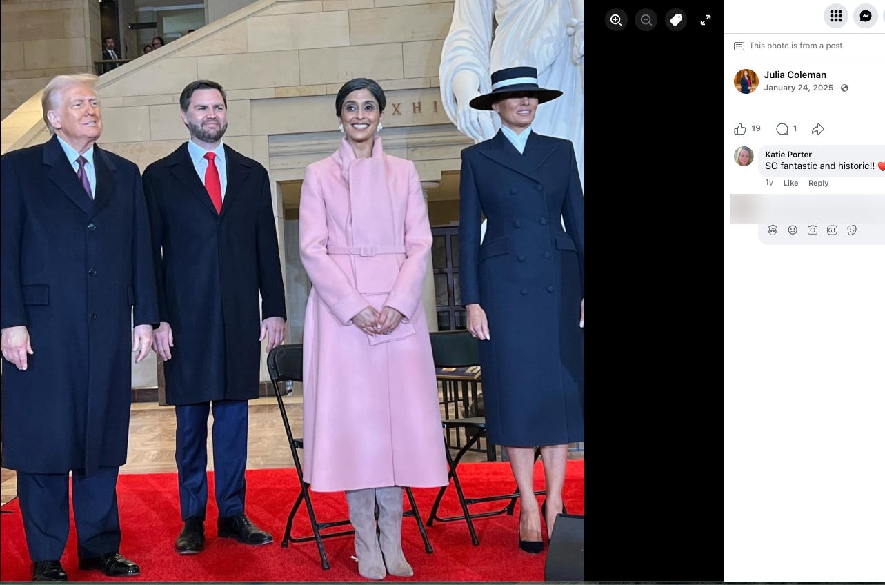 Donald Trump, JD Vance, Usha Vance and Melania Trump in the inauguration-day group supplied for this story. Donald Trump, JD Vance, Usha Vance and Melania Trump in the inauguration-day group supplied for this story.